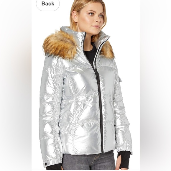 Women's Shiny Silver Puffer Jacket with Faux Fur Hood